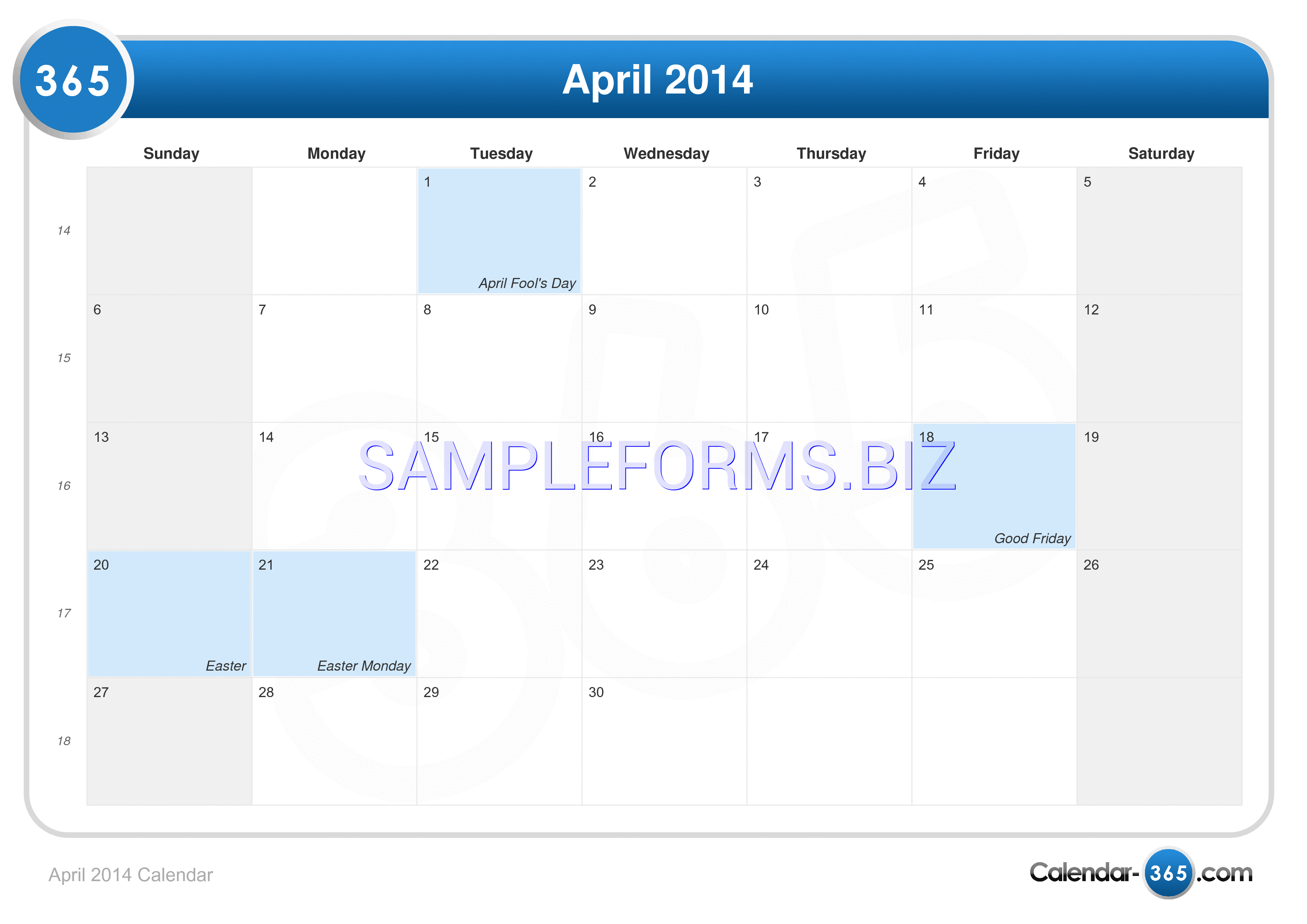 Preview free downloadable April 2014 Calendar 1 in PDF (page 1)
